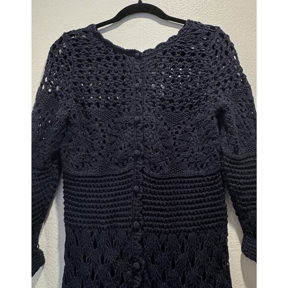 Lucky Brand Navy Blue Crochet Sweater Women’s Size Small Button Back Knit Boho - Picture 3 of 8